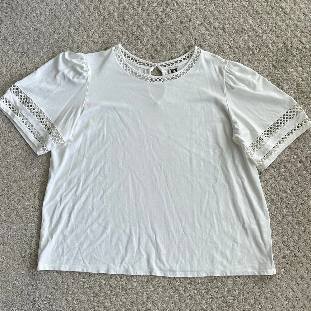Anne Klein Harmony Knit Lace Trim Elbow Sleeve T-Shirt White Size 2X Casual - Picture 4 of 13